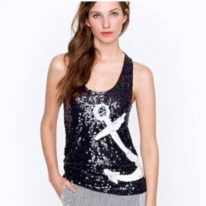 J. CREW Sequin Anchor Tank Top in Size Medium Navy Blue and White